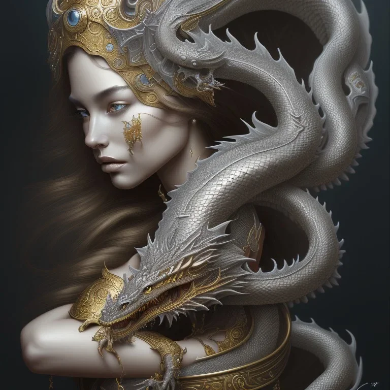 sango fantasy, fantasy magic, intricate, sharp focus, illustration, highly detailed, digital painting, concept art, matte, artgerm and paul lewin and kehinde wiley, masterpiece silver dragon head golden Asian nice breast Afo woman black waves