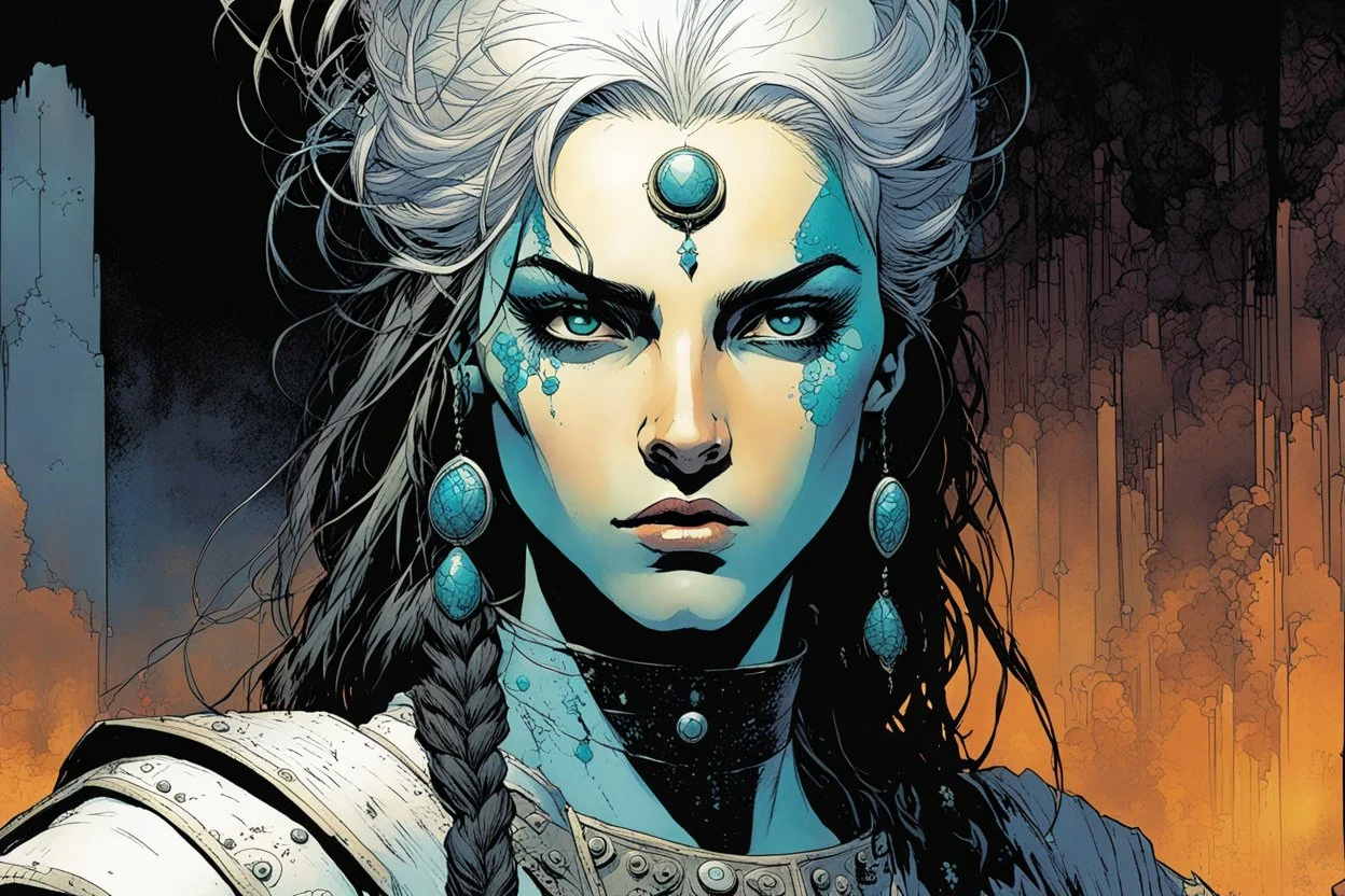 create the young female Ivrian from Ill met in lankhmar in the comic book art style of Mike Mignola, Bill Sienkiewicz and Jean Giraud Moebius, , highly detailed, finely lined facial features, grainy, gritty textures, foreboding, dramatic ethereal lighting