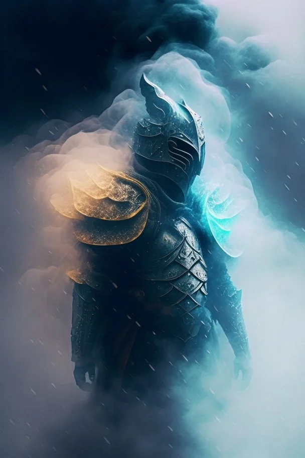 fog and smoke in a shape of humanoid and a colour of a storm wearing a scalemail armor