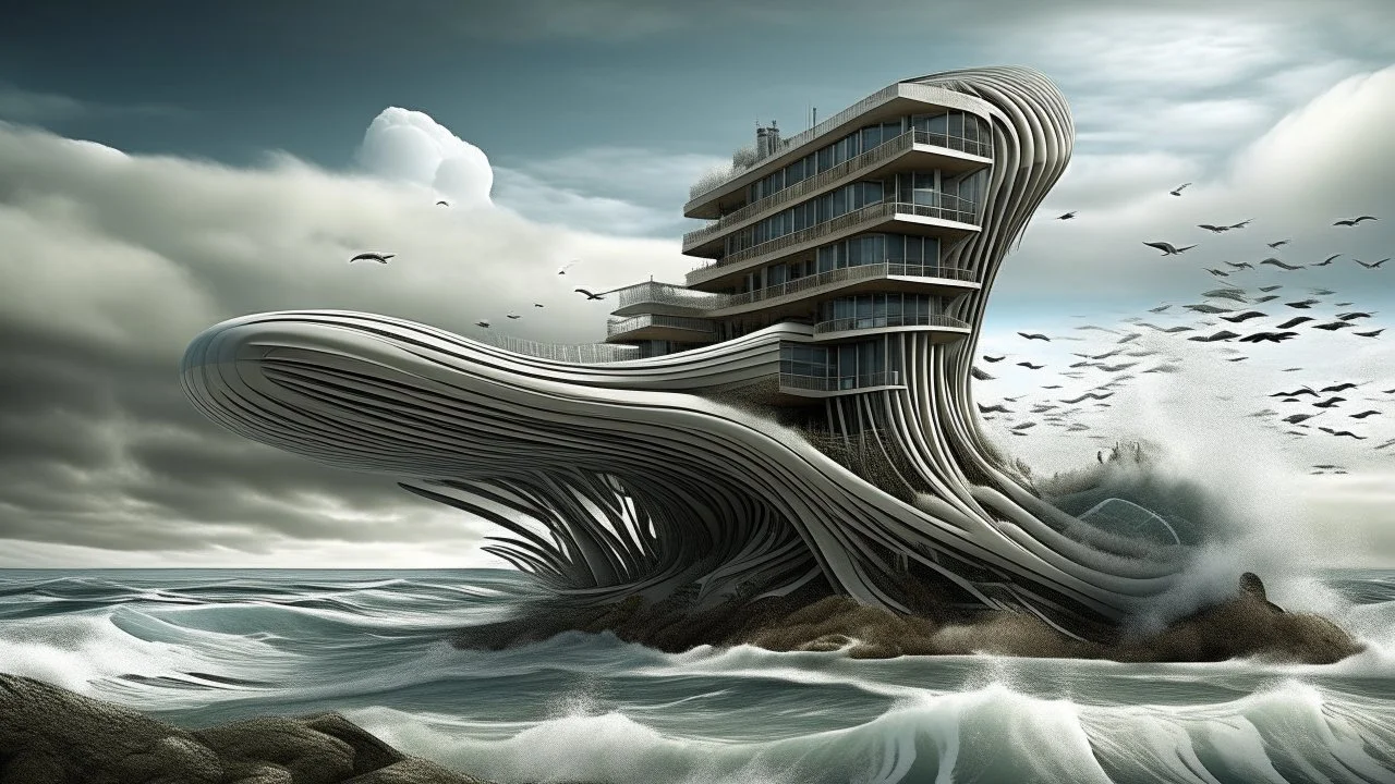 Una construcción orgánica que se retuerce como una ola petrificada, con superficies regladas en forma de helicoide y ventanas que imitan los ojos de un cefalópodo. Ubicada en un acantilado frente al mar, con el cielo tormentoso y gaviotas girando sobre las torres inclinadas. No hay personas, solo el oleaje golpeando la base. Estilo gráfico inspirado en las acuarelas arquitectónicas de Hugh Ferriss, con un tratamiento expresionista y dramático de luces y sombras.