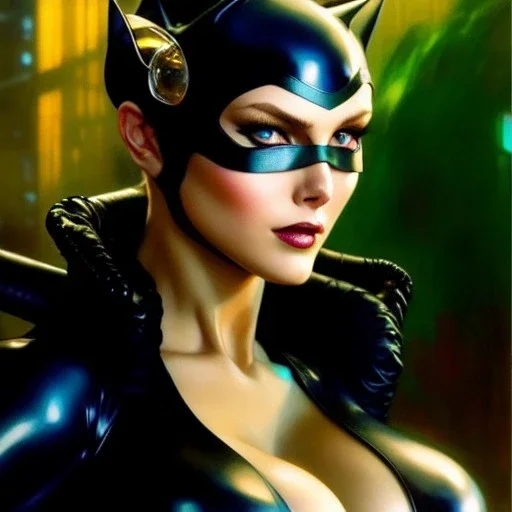 portrait 'beautiful Sexy Busty CatWoman',crystal clear green eyes,painting by gaston bussiere, greg rutkowski, yoji shinkawa, yoshitaka amano, tsutomu nihei, donato giancola, tim hildebrandt, oil on canvas, cinematic composition, extreme detail,fit full head inside picture,32k