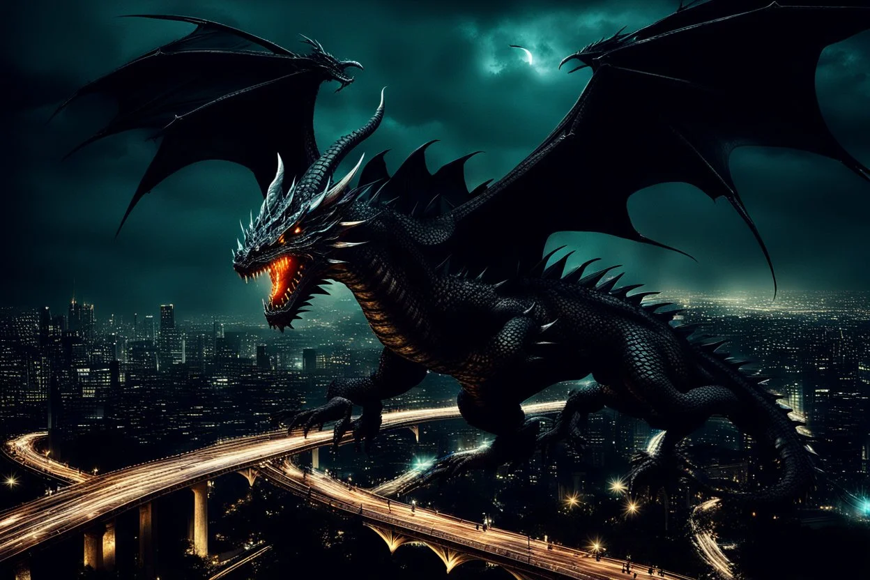 black dragon flying across the city at night dark fantasy lightening glowing eyes