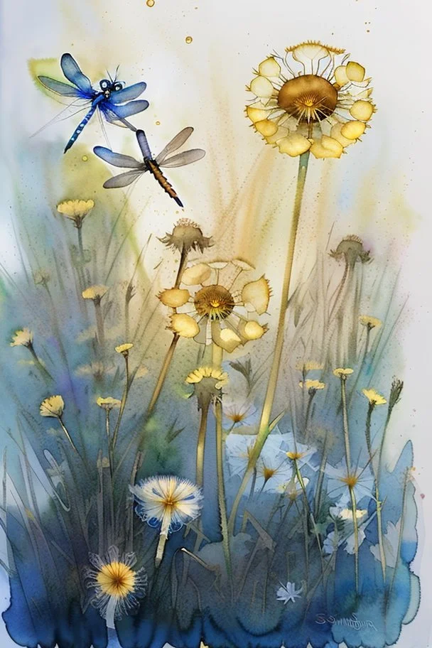 Dandelions, Water Hemlock, wild flowers and dragonflies stunning watercolor art by susan Winget, painted, in gold, blue and white tones with a sunflower --v 7 In style of Marjolien Bastin.