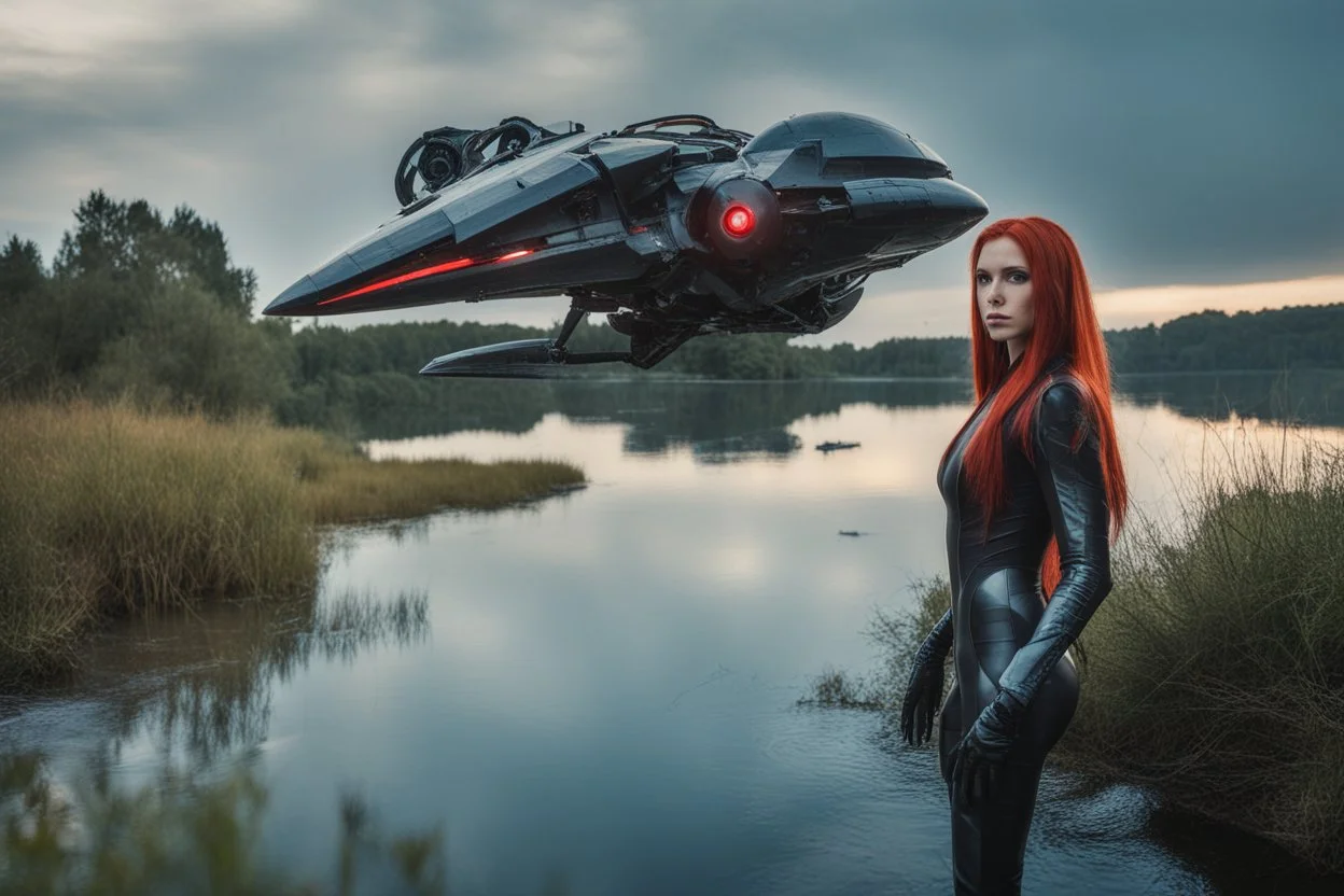 Wide-angle, full body and headshot of a skinny young woman, with long straight red hair, dressed in a robotic-looking catsuit, standing next to a lake with a crashed spaceship.