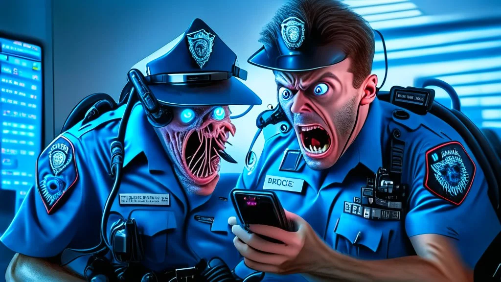 male cop dispatcher deals with evil virus coming out of the phone