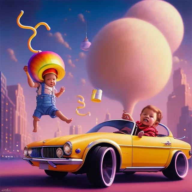 A one-year-old boy rides in the plastic funny toy-car on the middle of a busy street in new york. He has and a large-brimmed straw hat. somehow photographic bright colors and sunset, fantasy art, Anna Dittmann, digital painting, dan mumford, oil on canvas, jeff koons, akihito yoshida, wlop, kodachrome,