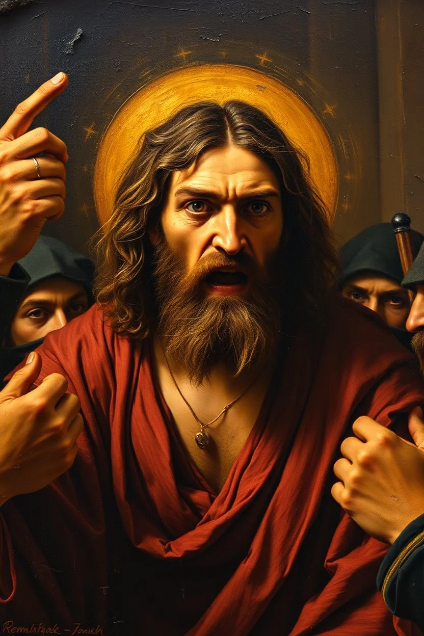 pin hole cam, master oil painting by Rembrandt, realistic rendering Portrait of the angry Jesus in the temple of thieves