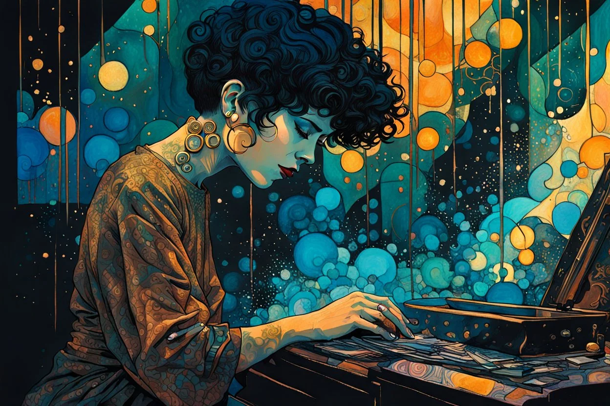 create an abstract expressionist, highly ethereal, darkly magical illustration of a deeply sorrowful, woman with short cropped hair, at her piano in a smokey nightclub, with highly detailed and deeply cut facial features, in the style of GUSTAV KLIMT, PABLO PICASSO, combined with the comic art style of BILL SIENKIEWICZ and JEAN GIRAUD MOEBIUS, searing lines and forceful strokes, precisely drawn, boldly inked, and darkly colored