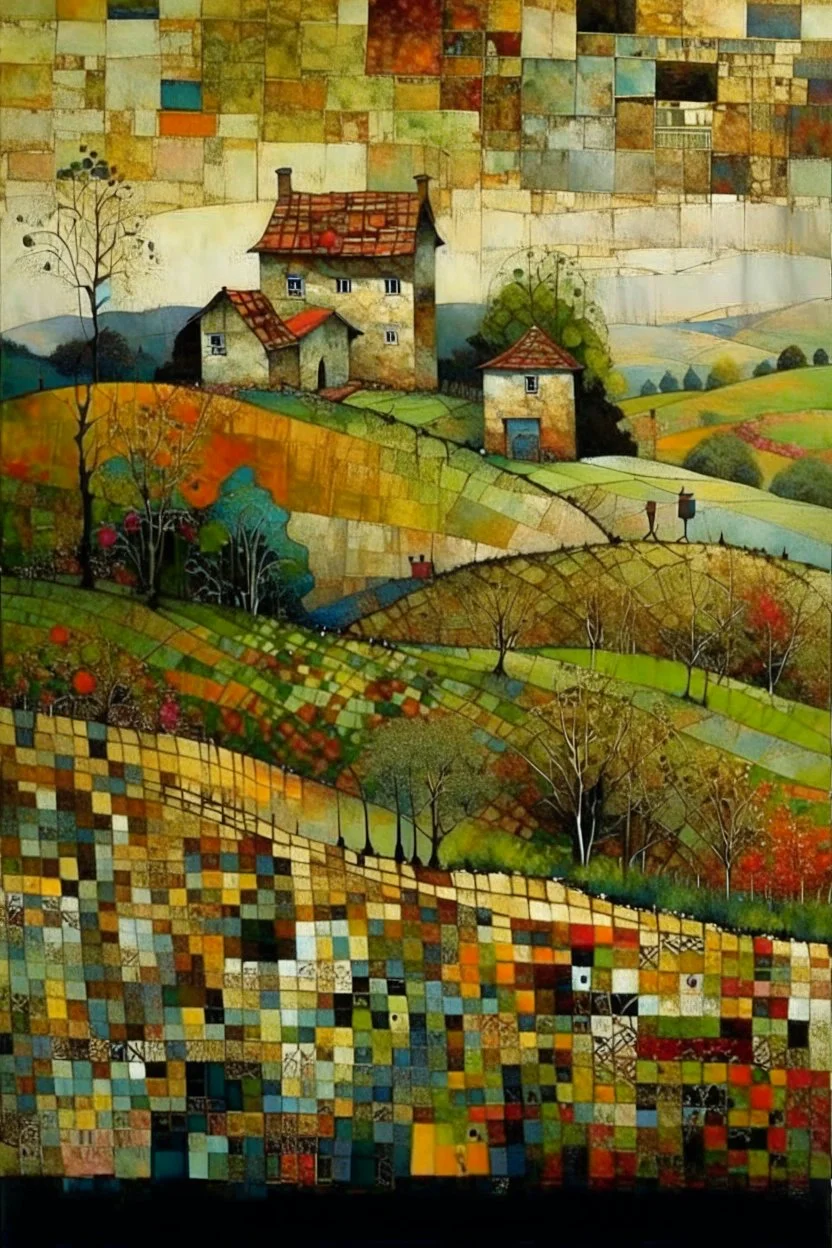 the house on the hill, patchwork art by Jamie Heiden, Peter Doig, Renoir, Pol Ledent, Endre Penovac