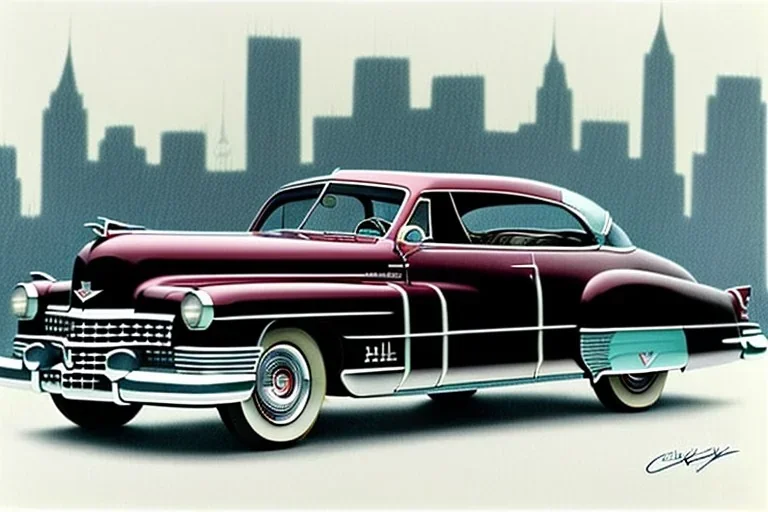 a true-to-life 1946 cadillac series 62 sedanette, centered, intricate, extreme detailed, photorealism, center view, city background, pivot on cadillac, pen and color marker painting by cheryl kelley