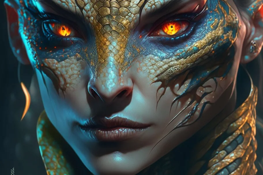 A Reptilian Female with snake eyes, tattooed skin, 4k resolution concept art portrait by Greg Rutkowski, Artgerm, WLOP, Alphonse Mucha dynamic lighting hyperdetailed intricately detailed Splash art trending on Artstation Unreal Engine 5 volumetric lighting, Boris Vallejo, triadic colors