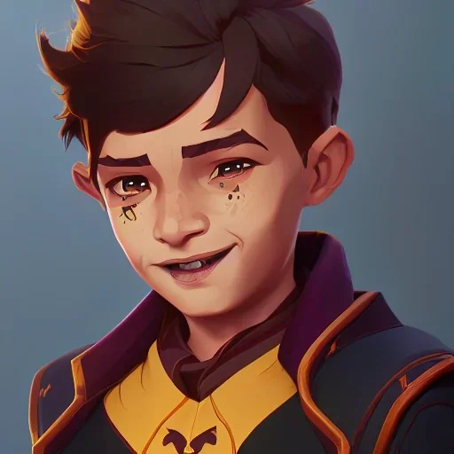 Portrait of a little handsome warlock kid with a smile by Nick Harris