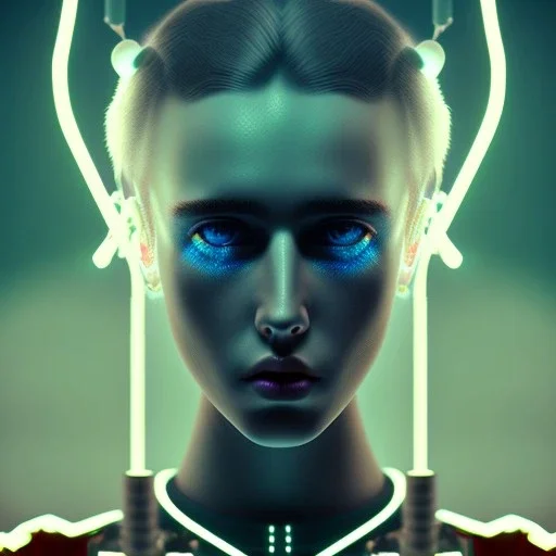 singer Danish MØ face, lumen lighting, led lights, <hanging wires> many wires connected to the head<perfect pupil> <cyborg> <garage> <sci-fi futuristic>