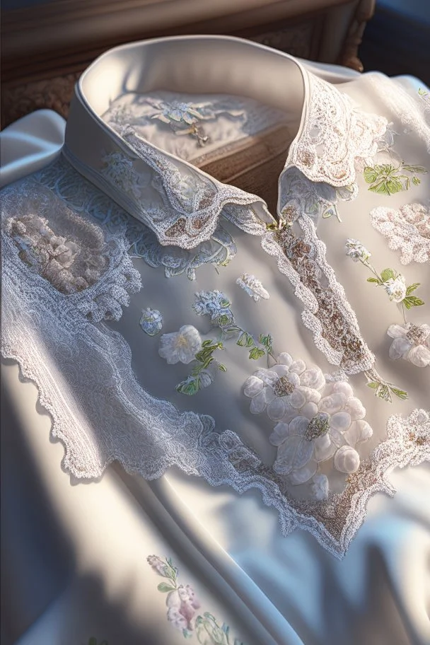 elegant, white lace blouse for women, embroidered with pastel-coloured folk motifs and real pearls, laid out on a bed Nikon D850 highly detailed digital painting sharp focus elegant intricate photorealistic 4k very attractive beautiful award winning fantastic view crisp quality Unreal Engine hdr very cute cinematic postprocessing acrylic art in sunshine