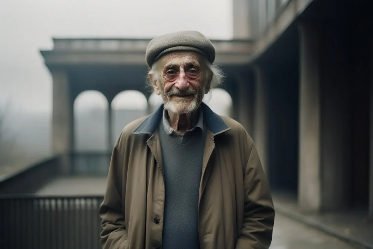 Portrait of a very old man, ethereal dreamy foggy, photoshoot by annie leibovitz, editorial fashion magazine photoshoot, fashion poses, in front of brutalist building architecture. kinfolk magazine. film grain. a soft smile