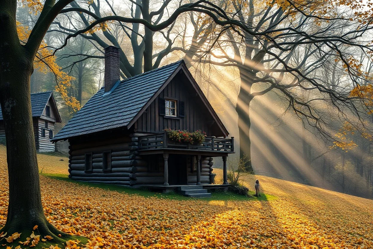 A Austrian wooden house in a mystery hilly oak forest in autumn, yellow orange leaves on ground, moist in air, early morning, sun streaks, dense vegetation, gnomes
