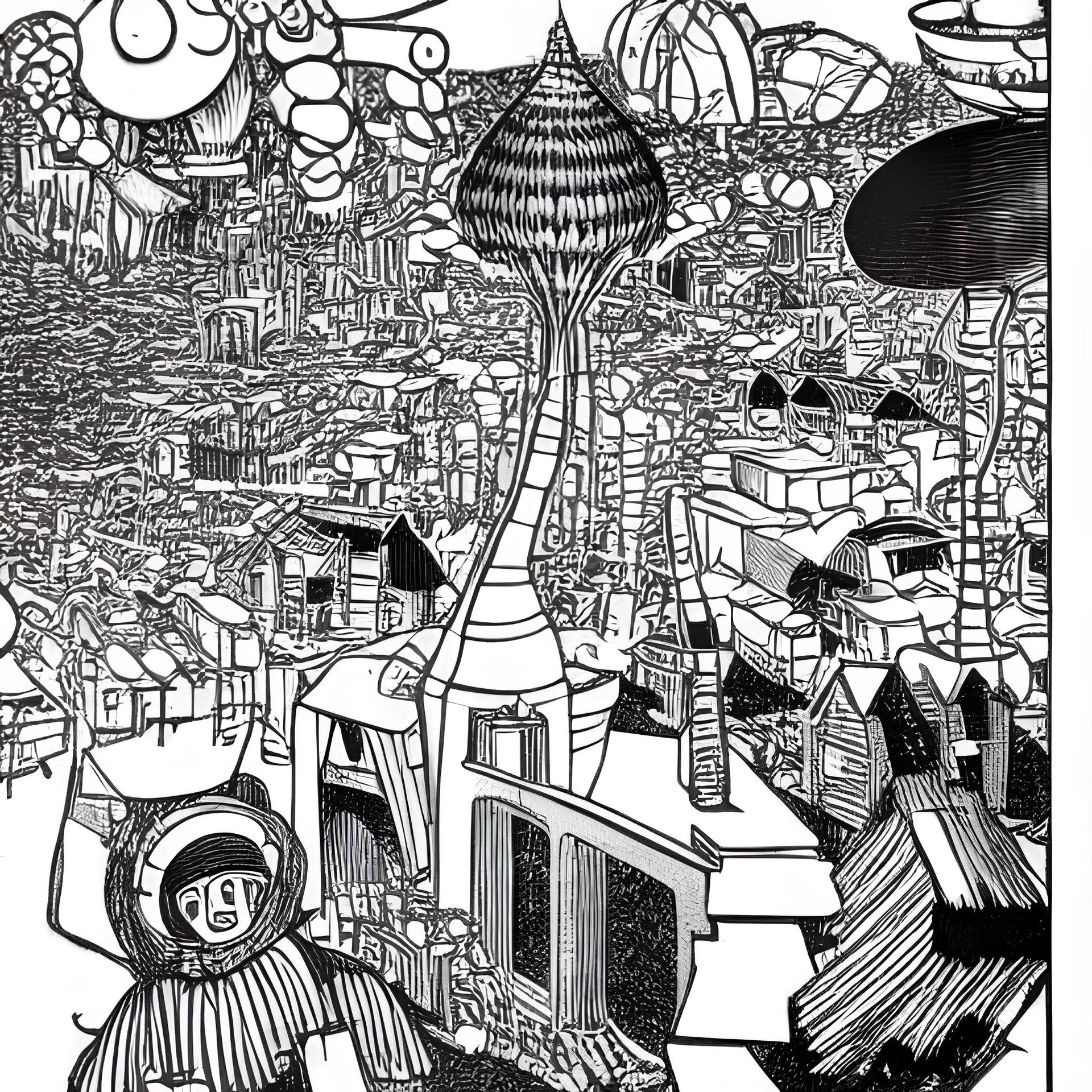 Village in the cosmos in Winsor McCay style and dr seuss style