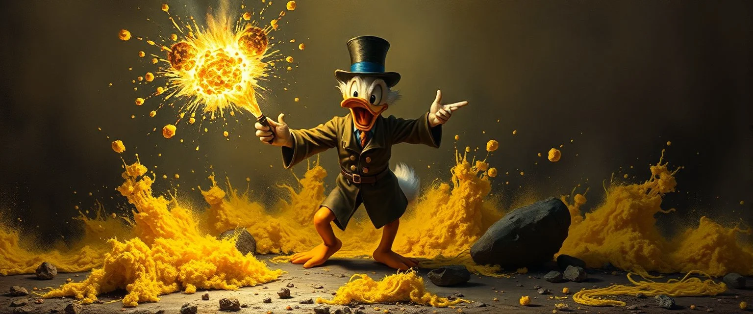 Donald fikk noe av stoffet til å detonere ved ett uhell. Når Donalditt brukes som drivstoff, utløser det vanvittige krefter. In the style of Rembrandt