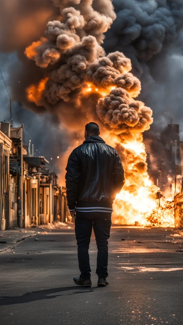 Man in a black bomber jacket, back to the camera, looking down a street, watching an explosion of fire and lights in front of him.