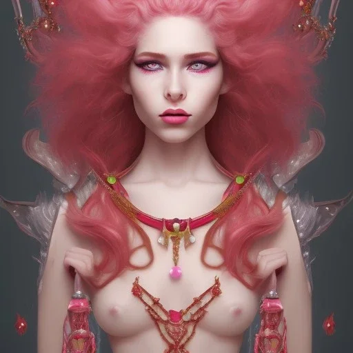 Young, Fire witch, round full face, pale skin, wild curly pink hair, red eyes, pink and red eyeshadow, pink glossy lips, wearing a pink witch hat, wearing a red crystal necklace