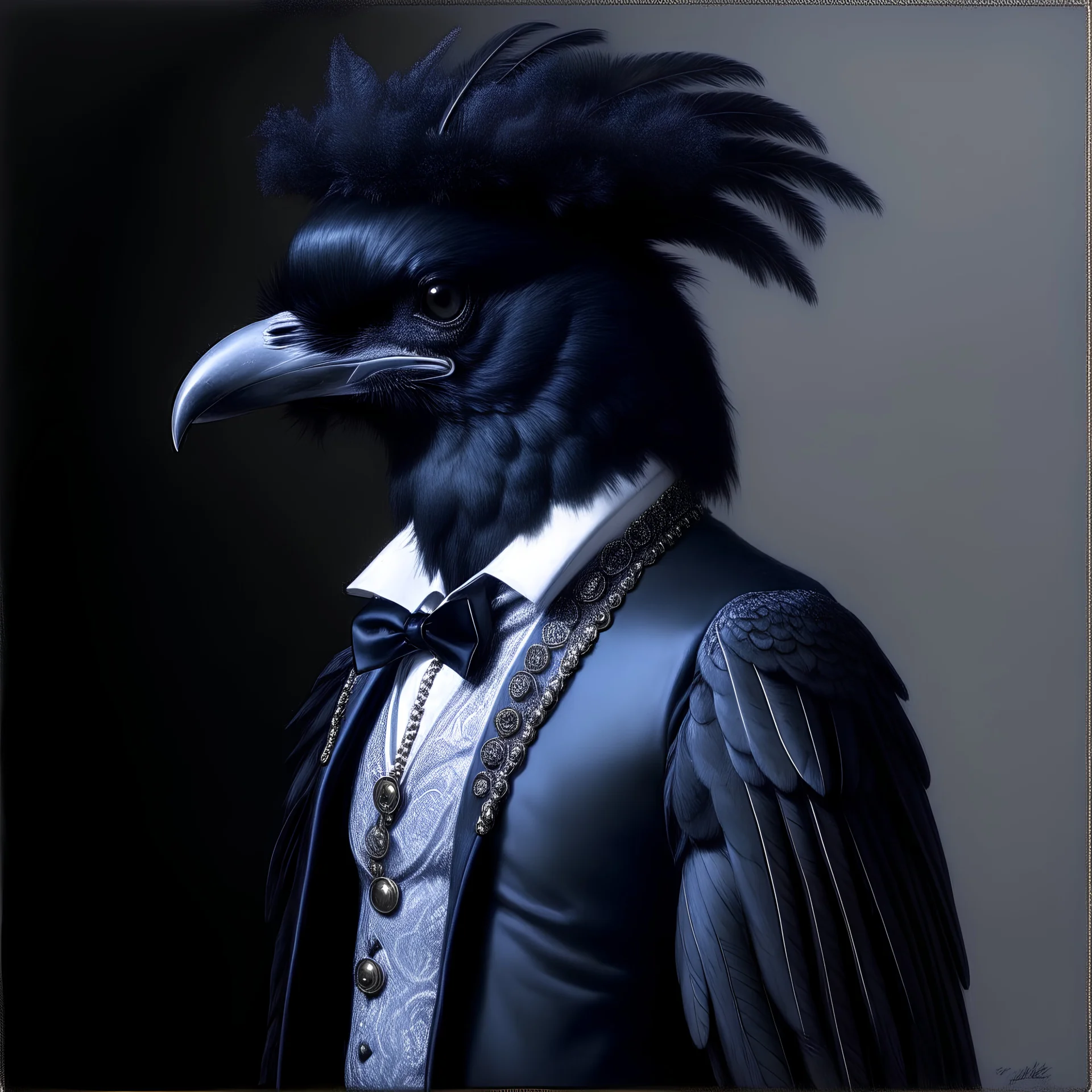 Portrait of a raven in a tuxedo, baroque, detailed feathers