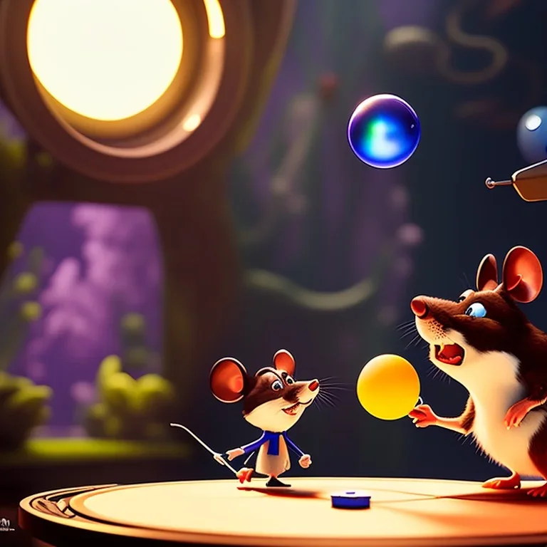 The mouse and the executioner discussing the future of the universe on bubble world, art by Pixar and Dreamworks