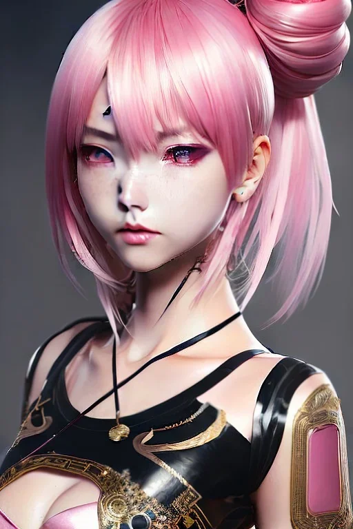 Detailed cute anime Kunoichi girl, pink hair buns, pink bangs, black latex bodysuit, intricate details, full body portrait, keep head in frame, slight smile, black Japanese motif, concept art, highly detailed, digital painting, concept art, sharp focus, illustration, art by Yoji Shinkawa, WLOP and greg rutkowski and alphonse mucha and artgerm and yanjun Chen and Junji ito and Makoto Shinkai, HDR, octane render