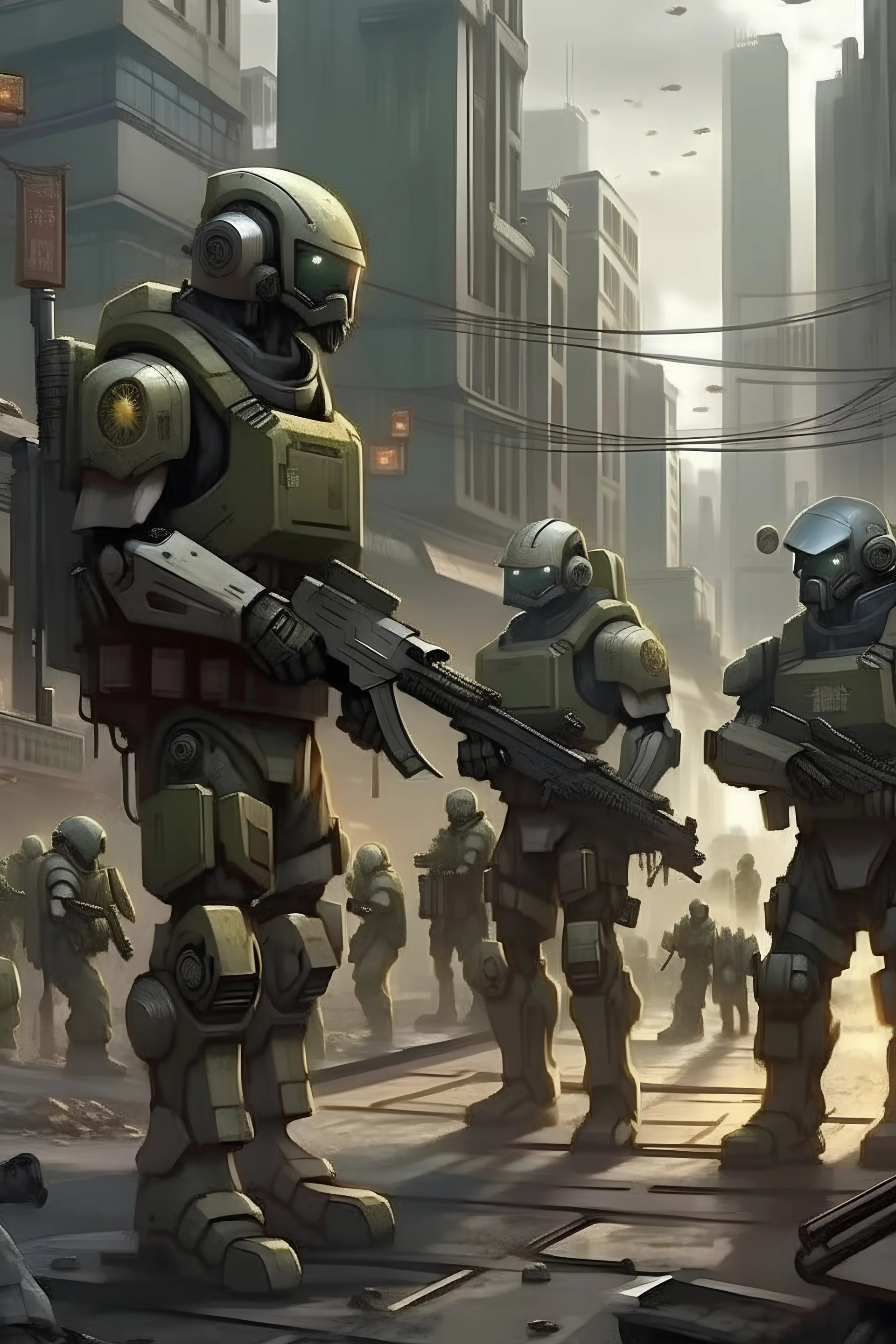 The soldiers call on the people living in the city to fight against the enemy - an army of robots with weapons.