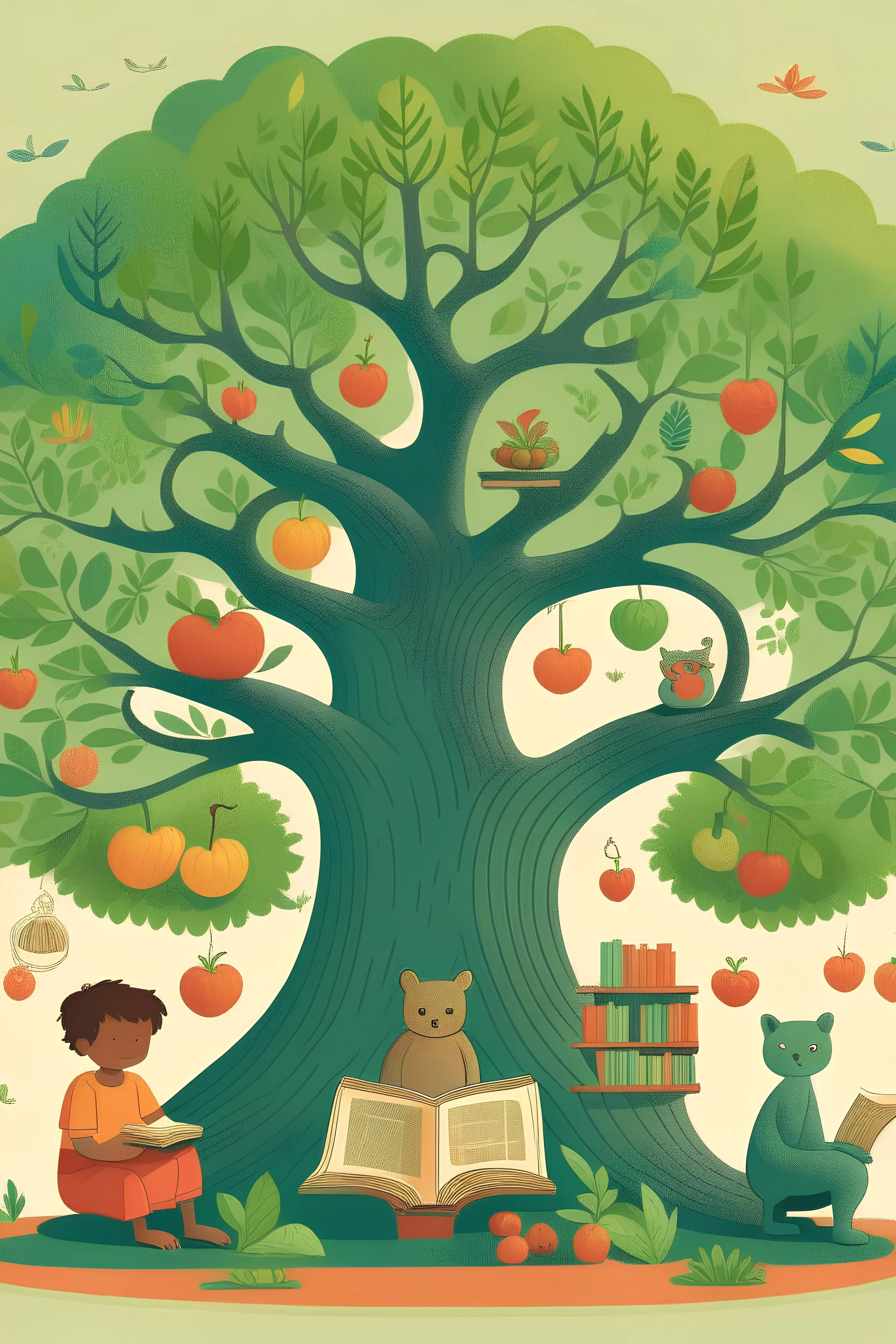 An image of the design of a large tree with fruits on it, and underneath it is a 10-year-old child holding a book while reading, and a cat near him