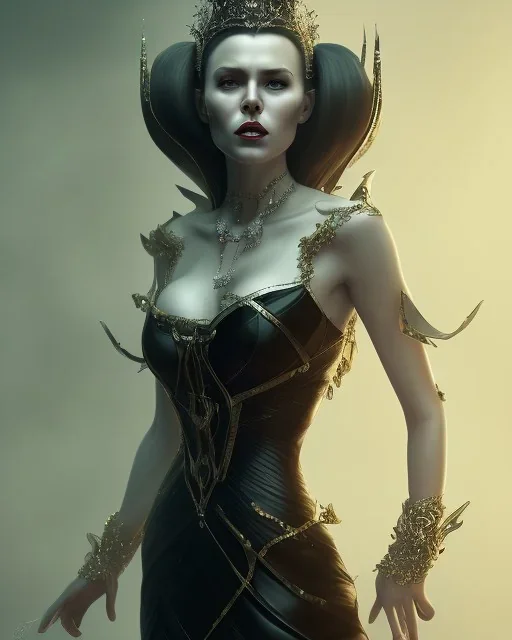 old evil queen in black leather gown, femme fatale, volouptous, busty, cleavage, angry, emperious, 8k resolution concept art portrait by Greg Rutkowski,