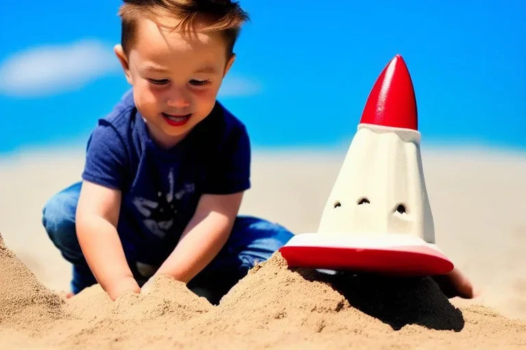 Toddler elon musk builfing a rocketship sand castle on the beach