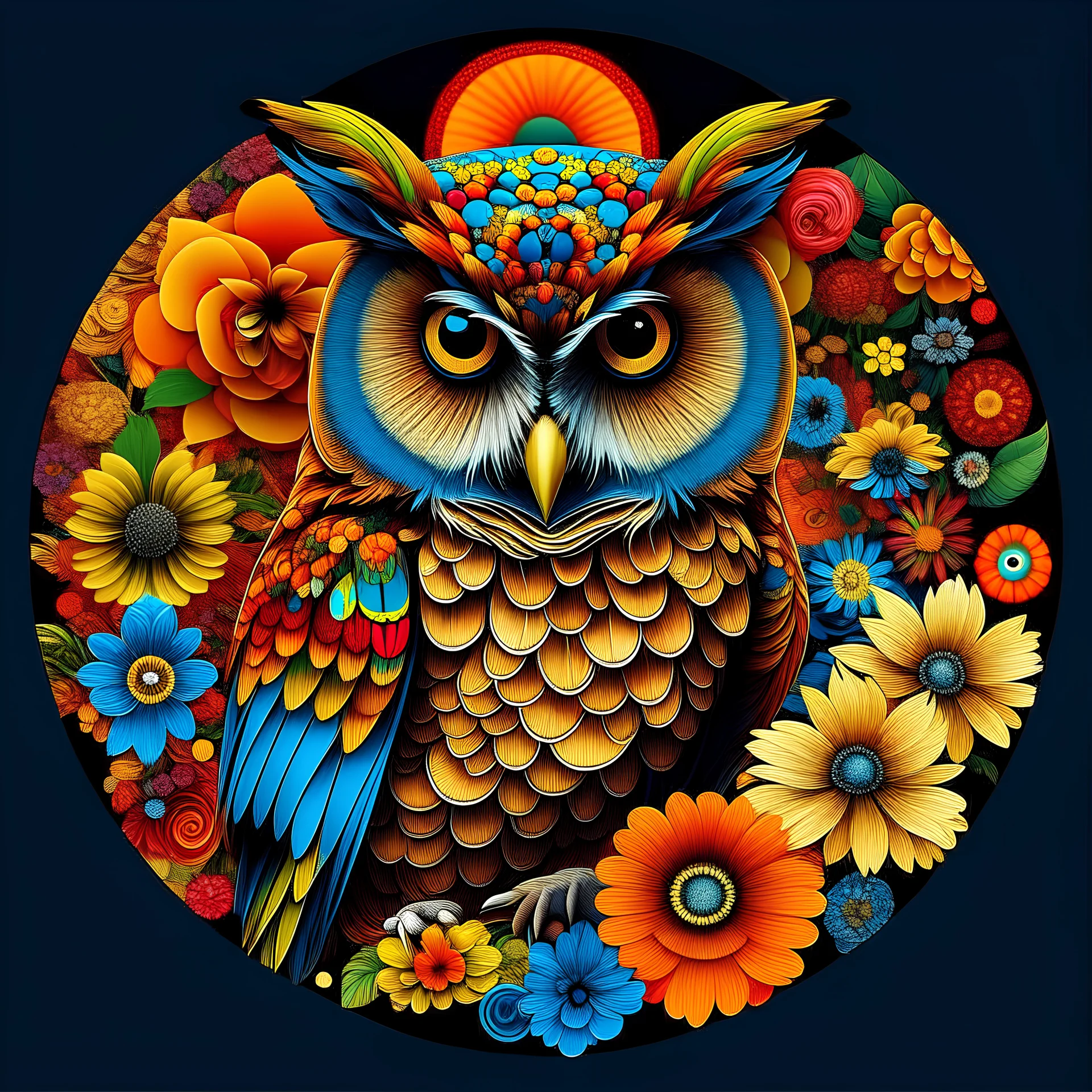 trippy, profile picture, confident proud owl, circular, floral, Persian pattern, colorful, vibrant, 3d, filed with flowers, bunchy