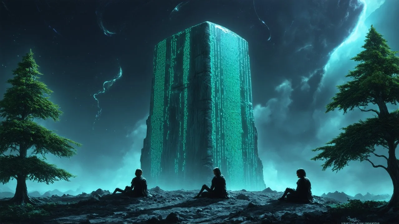 few tiberium monolith deposits on the planet with a space trees on the left and right side, matrix codes and the back ground of the angels siting monolith made of tiberium