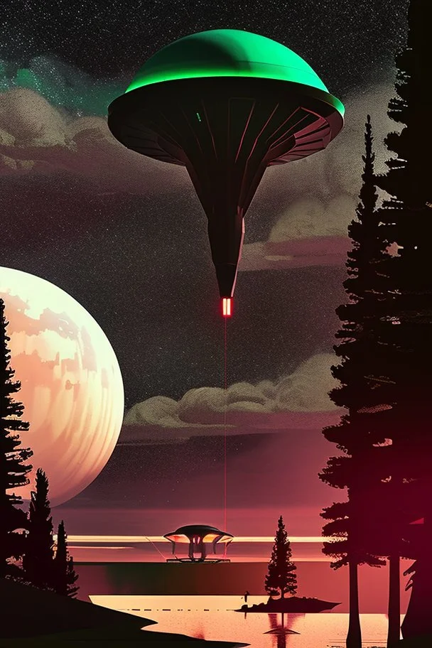 hundreds of school kids see a ufo, flying over tall pine trees, concept art, by Asaf Hanuka, Electric Colors, Screen Space Global Illumination, in a symbolic and meaningful style, the craft has flat bottom,3 large lights underneath glow with intense fury, kids running up to craft with wonder