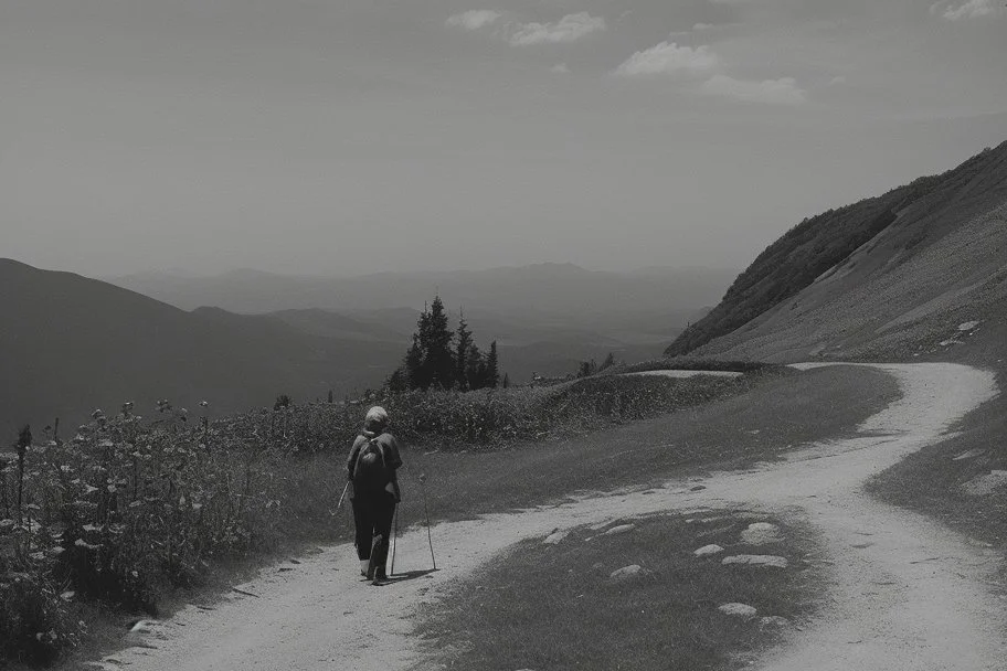 walking along a path that winds towards the top of a mountain, it is summer, photography taken with a Leica camera and 50mm lens, real photography in black and white, nostalgia