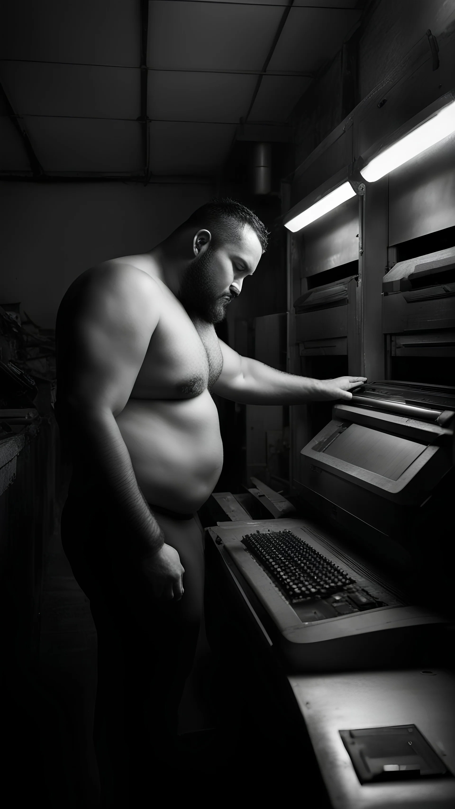 sardininan strong chubby 36 year old man in bulging tracksuit, short beard, shirtless, printer in an old printing house, next to a huge old printer, dim light, side light, ambient occlusion