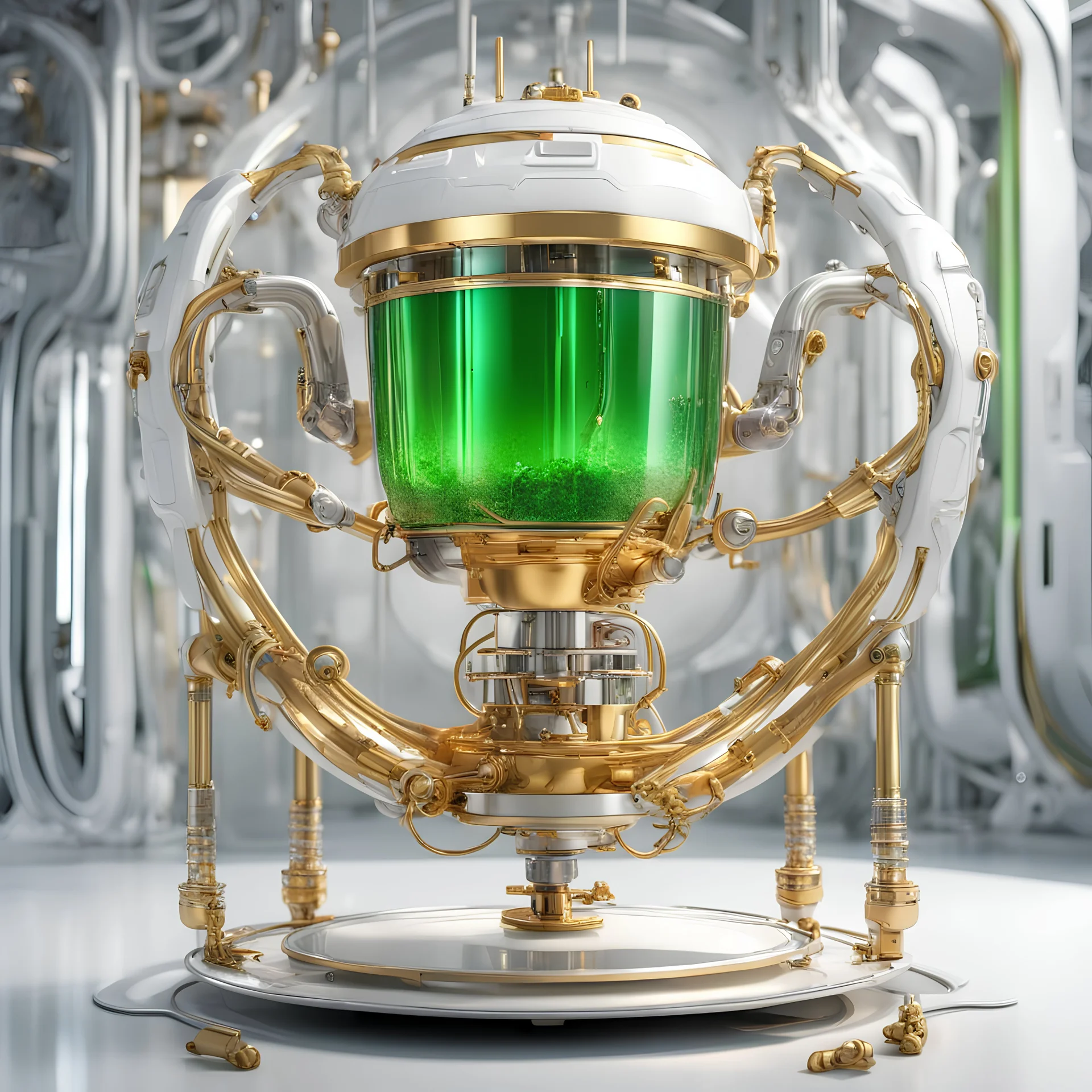 a futuristic electronic tea cup with a golden handle on a hydraulic cylinder,with a green drink inside, on four golden round legs with white silver dragon-shaped frame ribs, in a futuristic white enclosed room where electronic displays, 3d, steampunk hang on the walls without windows.