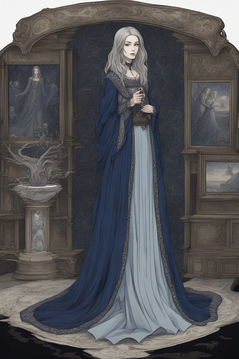 The Countess is a ghost, she has a long, flowing dark blue dress, she is in her castle, Hanging in the castle room, there is a tapestry composed of the preserved faces of the Countess' ancient victims.