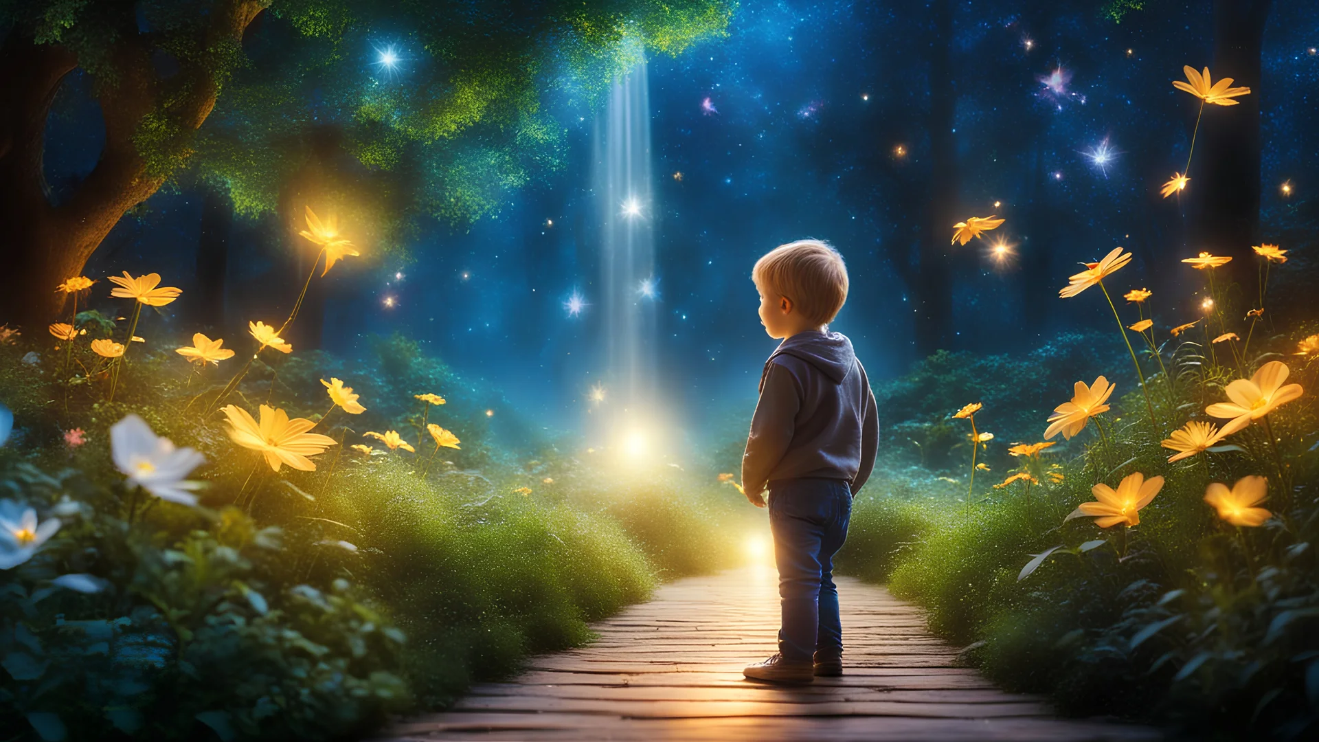 Un beau petit garçon erre dans son monde imaginaire enchanté, Parmi les merveilles, qu'il adore explorer. Nuit enchantée, plantes magiques, fontaines de lumière, lucioles dansantes, fées lumineuses. Ses rêves sont vastes, pleins de beauté, Chaque instant est un nouveau bonheur. Dans son univers, tout est merveilleux, Un monde imaginaire, tendre et lumineux. Bel éclairage, composition attrayante, photoréaliste, extrêmement détaillée, clair-obscur, règle des tiers.