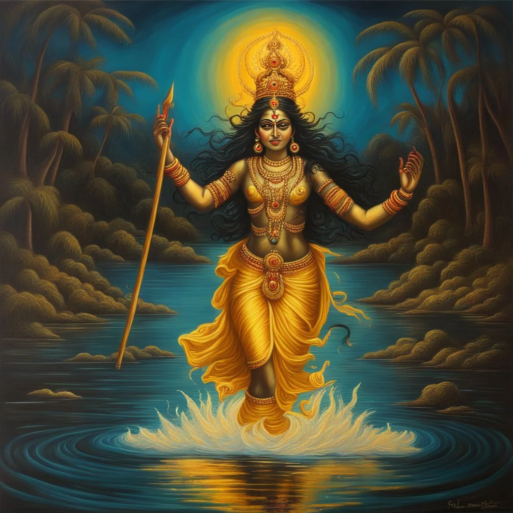 An oil painting of goddess Kali crossing a lake, neon gold colors, high detail,