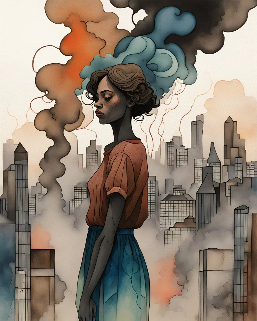 acrylic and watercolor and line tint painting of a sad young woman standing in front of a city entirely made of smoke, bronze - skinned, geometric curves, featured art, philosophical splashes of colors, art brought to life, soul shock