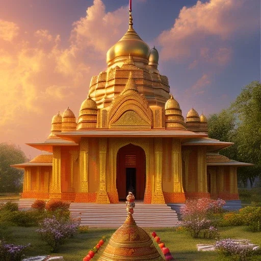 indian temple in sunrise, perfect composition, hyperrealistic, super detailed, 8k, high quality, intricate details, highly detailed