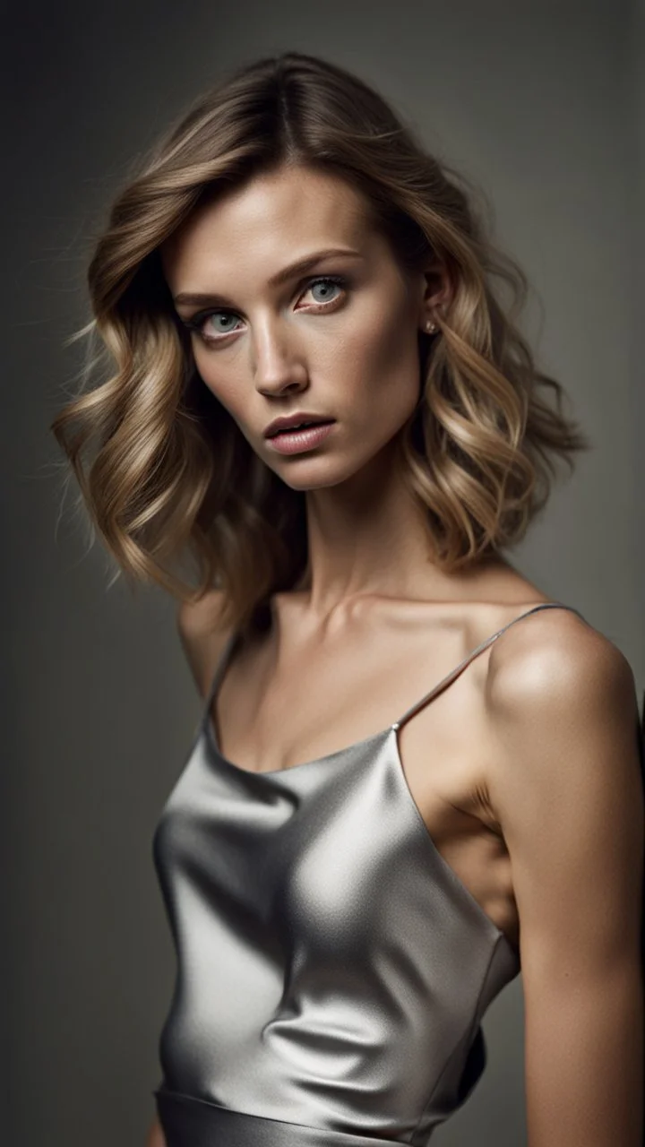 photography of a beautiful anorexic woman, silver satin top, sports illustrated, short wavy bob haircut, pronounced sternum