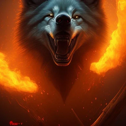 Wolf, Monster, horror, huge, red, orange, fire, blood, gore, teeth, 8K, cinematic lighting, sharp focus, masterpiece, expert