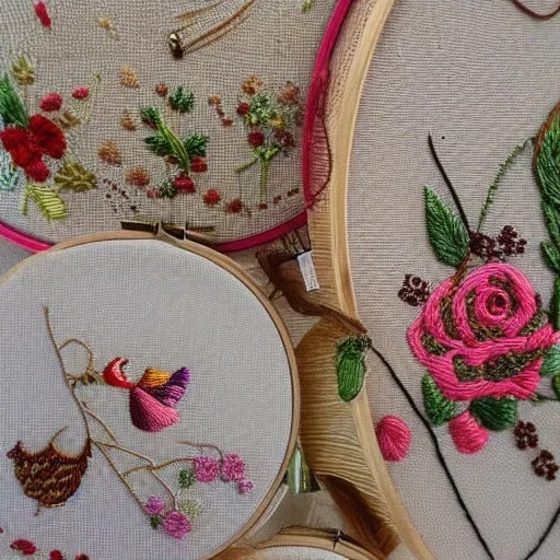 exquisite whimsical shop in embroidery hoop, intricate, highly detailed, linen and wood backdrop