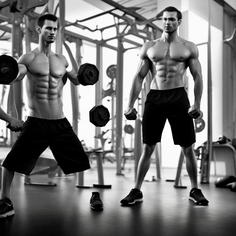 a man doing fitness with weights in a fitness studio, black and white only