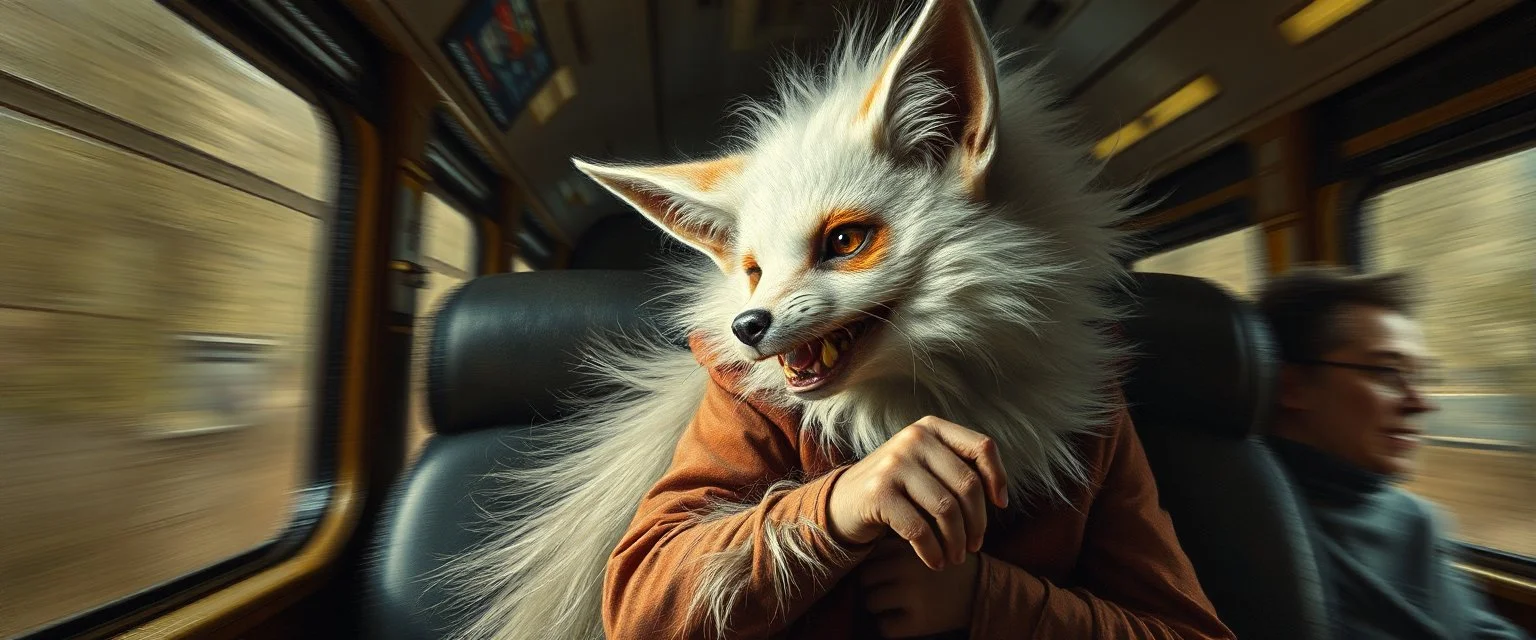 master oil painting by Rembrandt, scary ai sami white fox gremlin woman on buss , motion blur background