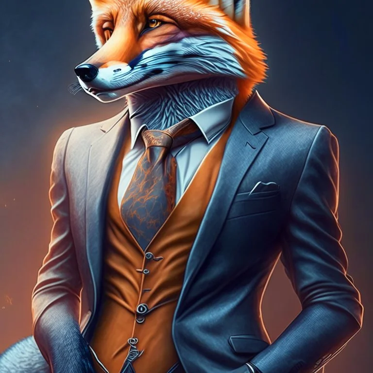 Illustrative sketch of a image of an humanoid fox, suit and tie, arte lineal ultra quality, 8k