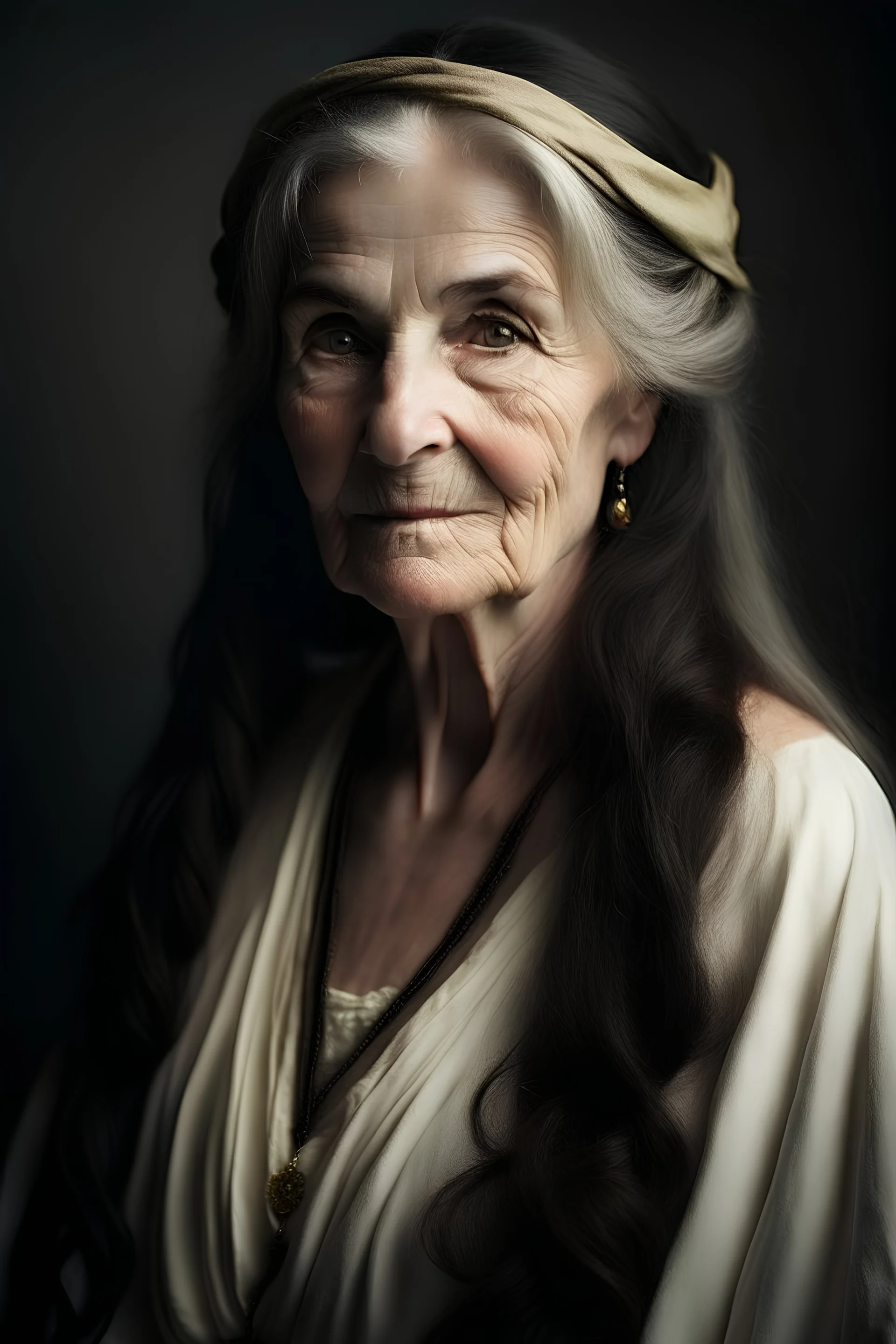 portrait of a 250 year old woman who looks like an elegant, greek goddess; she is beautiful and has long dark hair, friendly, faithful, hopeful