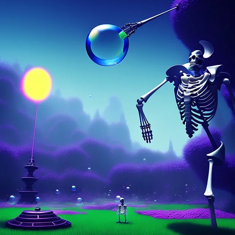 The Grim Reaper and the Skeleton on bubble world, discussing the future of the universe, art by Magritte and Pixar